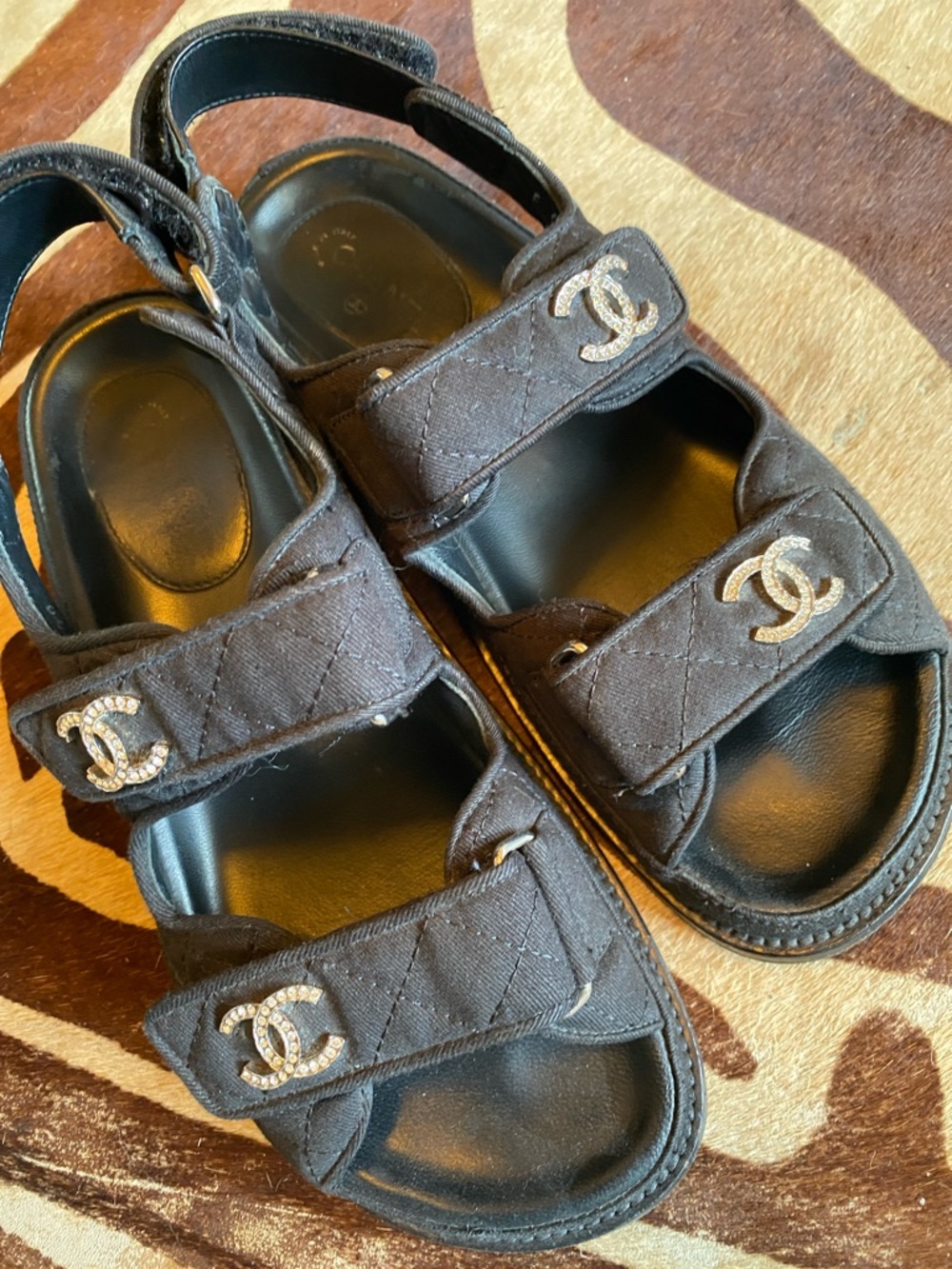 CHANEL Black Quilted CC Logo Velcro Sandals 37